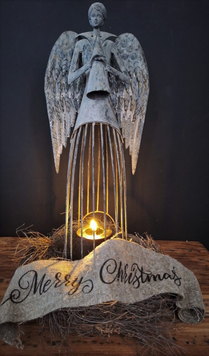 Shabby kerstlint Merry Christmas gecombineerd met een metalen engel