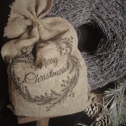 Jute zak kerst met krans en tekst
