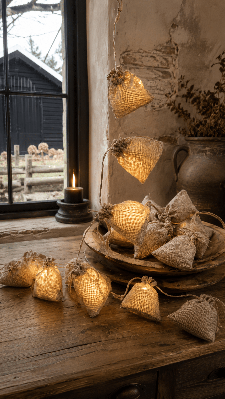 ChatGPT Image 11 aug 2026, 11_26_20 LED lichtslinger met jute zakjes – landelijke kerstverlichting - Afbeelding 1