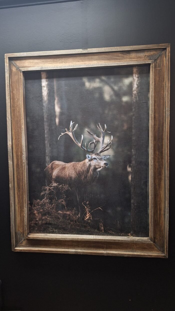 Landelijk interieur met stoer schilderij van een eland in het bos