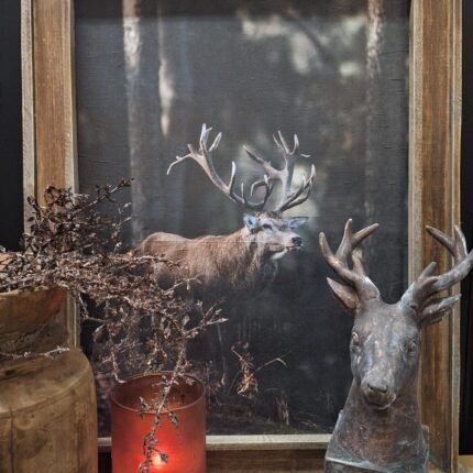 Landelijk schilderij met eland in houten lijst, sfeerfoto