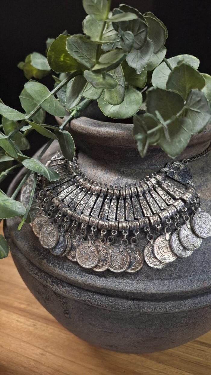 Kruikketting met muntdetails op donkere kruik – landelijke stijl