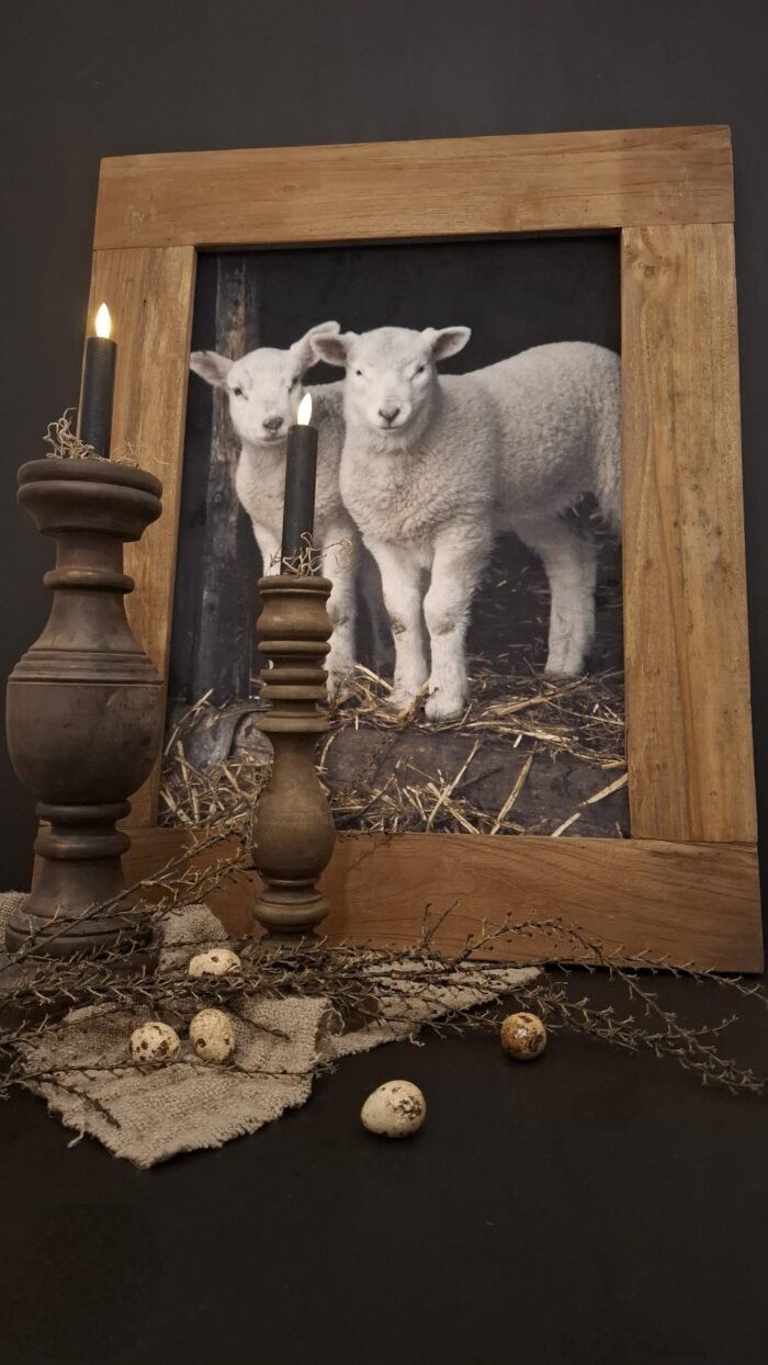 Houten lijst met lammetjes op doek