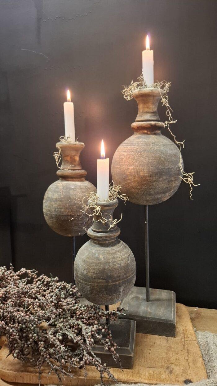 Decoratieve kruik kandelaar van hout, geschikt voor LED-kaarsen