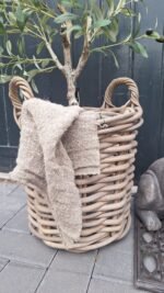 Stoere rotan mand met landelijke uitstraling en gevlochten handgrepen