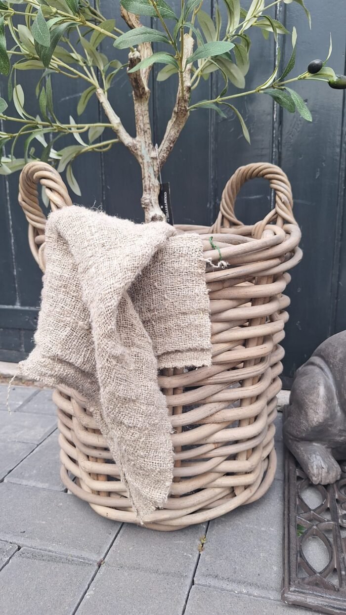 Stoere rotan mand met landelijke uitstraling en gevlochten handgrepen