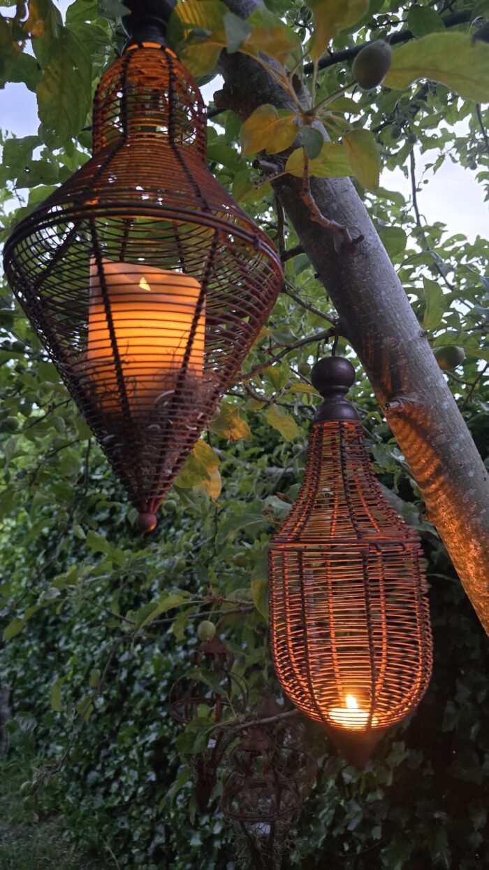 Roestige kooi hanger met hout