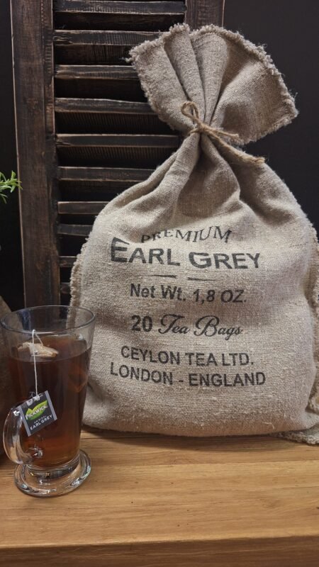 Shabby decoratie zak met earl grey thee sfeer