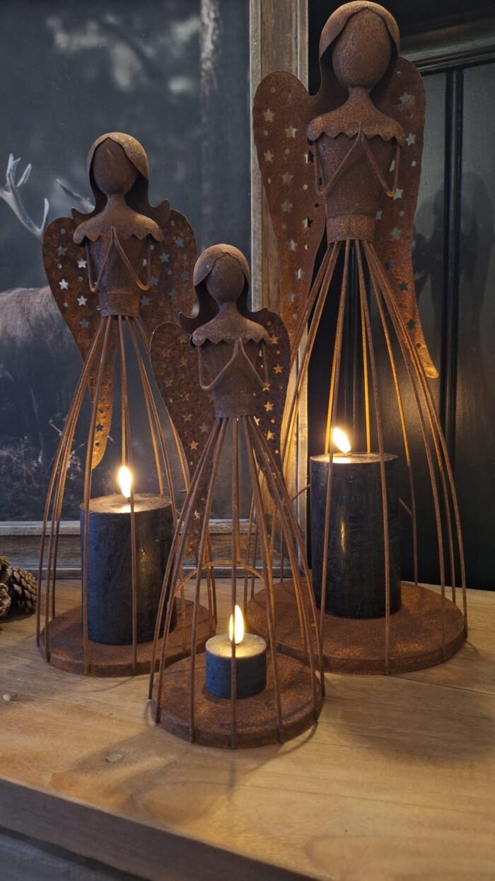 Set van 3 metalen engelen in roestlook landelijke decoratie