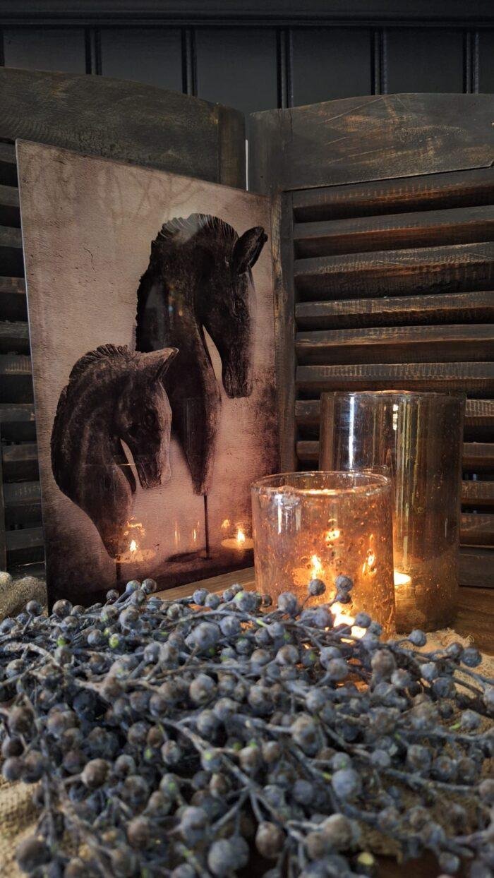 Decoratieve glasplaat houten voet met paarden afbeelding – landelijke woondecoratie