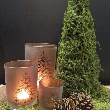 Sfeervol windlicht met boomprint, ideaal voor herfst en kerst.