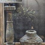 Houten lamp rond met 4kante voet