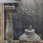 Houten lamp rond met 4kante voet