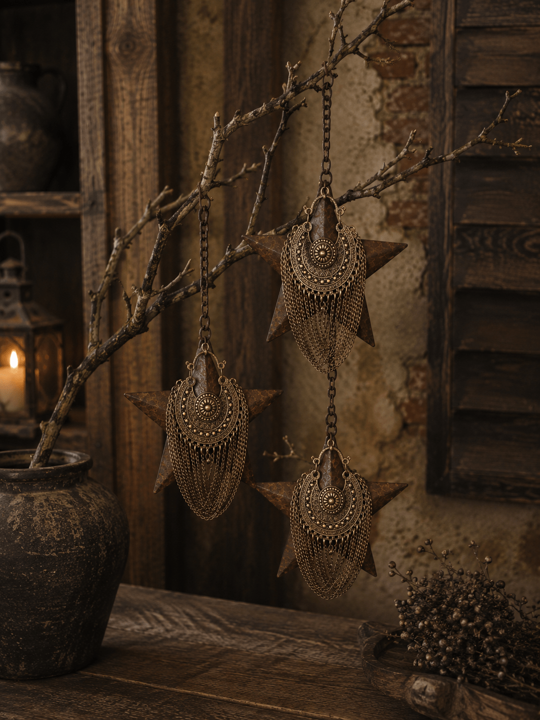 2026/01/1000267599.png Set van 2 roest metalen sterren met ornament aan ketting - Afbeelding 1