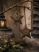 Set van 2 roest metalen sterren met ornament aan ketting - Afbeelding 2