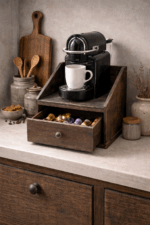 Kastje voor koffiezetapparaat hout – opbergkastje met lade landelijk