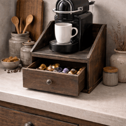 Kastje voor koffiezetapparaat hout – opbergkastje met lade landelijk