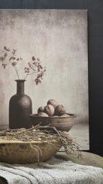 Canvas schilderij landelijke stijl 70x50 cm – stilleven kruik en noten