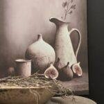 Canvas schilderij 70x50 landelijk vijgen – wanddecoratie stilleven kruik