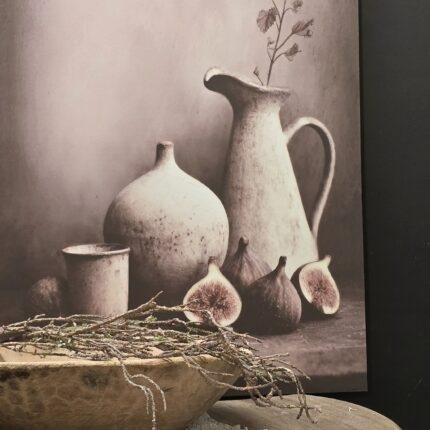 Canvas schilderij 70x50 landelijk vijgen – wanddecoratie stilleven kruik