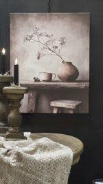 Canvas schilderij 50x40 landelijk kruik tafel – wanddecoratie stilleven