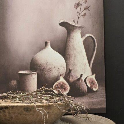 Canvas schilderij 70×50 landelijk vijgen – wanddecoratie stilleven kruik