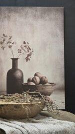 Canvas schilderij landelijke stijl 70×50 cm – stilleven kruik en noten