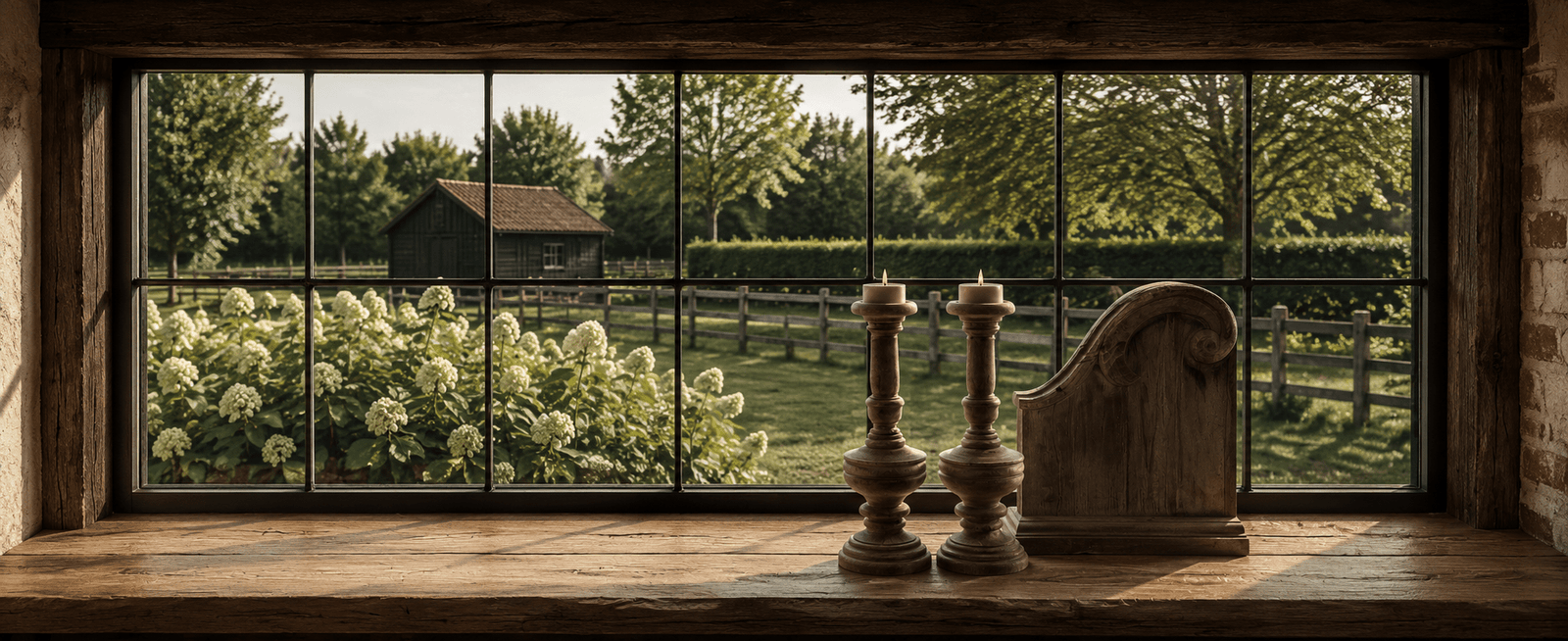 4 Sfeerset Raamluik met Kandelaar en Maxi Theelicht | Landelijke Decoratieset-4 - Afbeelding 1