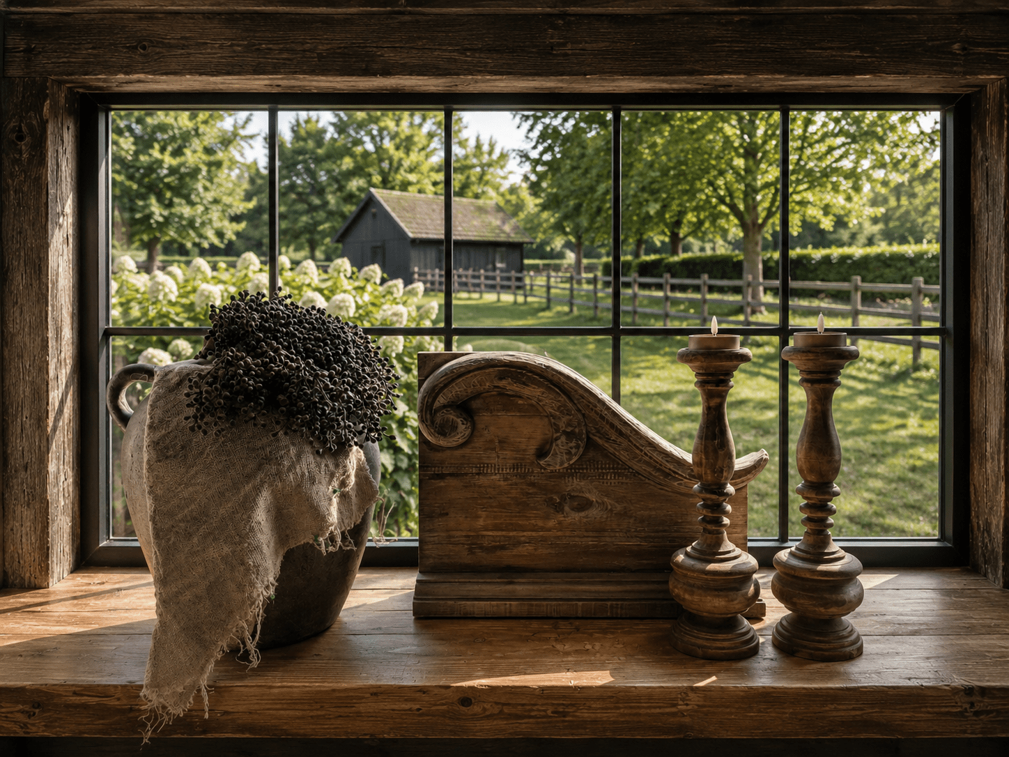 5.1 Sfeerset Raamluik met Kandelaar en Maxi Theelicht | Landelijke Decoratieset-5 - Afbeelding 1