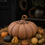 Grote metalen pompoen roestbruin – landelijke herfstdecoratie 40 cm