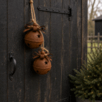 Roestkleurige metalen kerstbel met sterren – landelijke kerstdecoratie