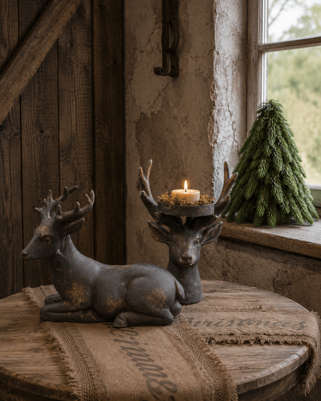 ChatGPT Image 27 aug 2026, 15_58_47 Hert kandelaar vintage bruin/grijs – landelijke kaarsenhouder - Afbeelding 1