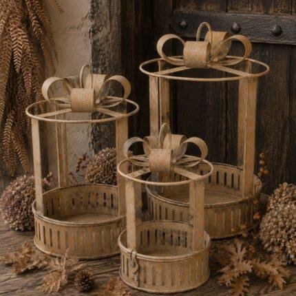Gift lantaarn met strik – roestkleur – 4 maten