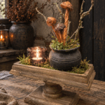 Landelijke houten tray op voet met pot, paddenstoelen & windlicht – herfstdecoratie