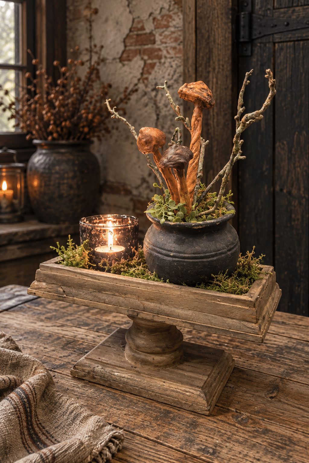 ChatGPT-afbeelding 24 sep 2026, 20_21_10 Landelijke houten tray op voet met pot, paddenstoelen & windlicht – herfstdecoratie - Afbeelding 1
