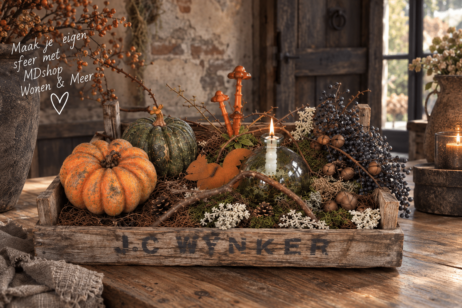 Herfstarrangement in rustieke MDshop-stijl DIY Thuisworkshop – Herfstkrat met LED-olielamp - Afbeelding 1