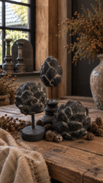 Decoratieve artisjokken zwart – set van 3 met of zonder houten schaal - Afbeelding 2