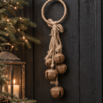 Roestbruine kerstbellen aan jute ring – landelijke hangdecoratie