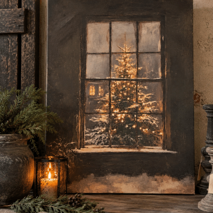 Kerstcanvas – Model 1- Kerstboom achter het raam | Landelijke kerstdecoratie