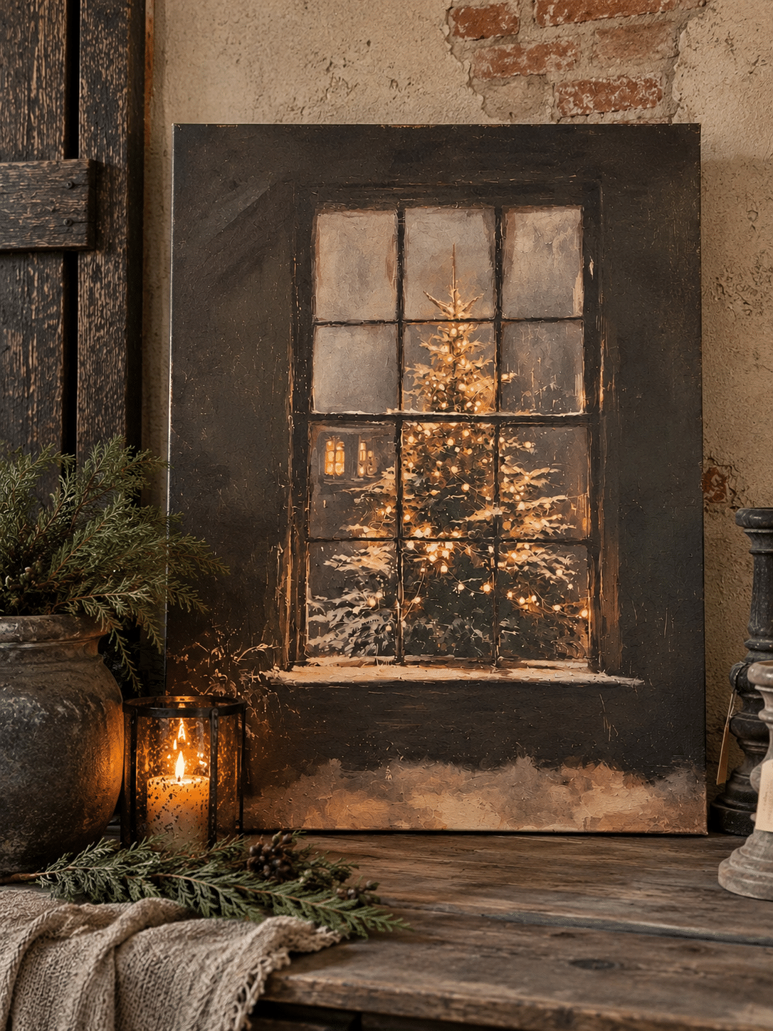 Kerstcanvas – Model 1- Kerstboom achter het raam | Landelijke kerstdecoratie Kerstcanvas – Model 1- Kerstboom achter het raam | Landelijke kerstdecoratie