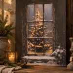 Landelijk Kerstcanvas – Model 3 -Besneeuwde Kerstboom achter Raam