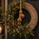 Roestkleurige kerstbellen aan jutetouw – Landelijke kerstdecoratie
