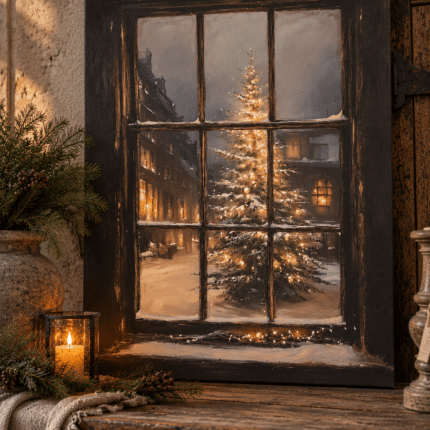 Landelijk Kerstcanvas – Model 5 -Kerstboom in Sfeervol Winterdorp