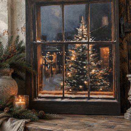 Landelijk Kerstcanvas – Model 4 -Verlichte Kerstboom met Winterse Skyline
