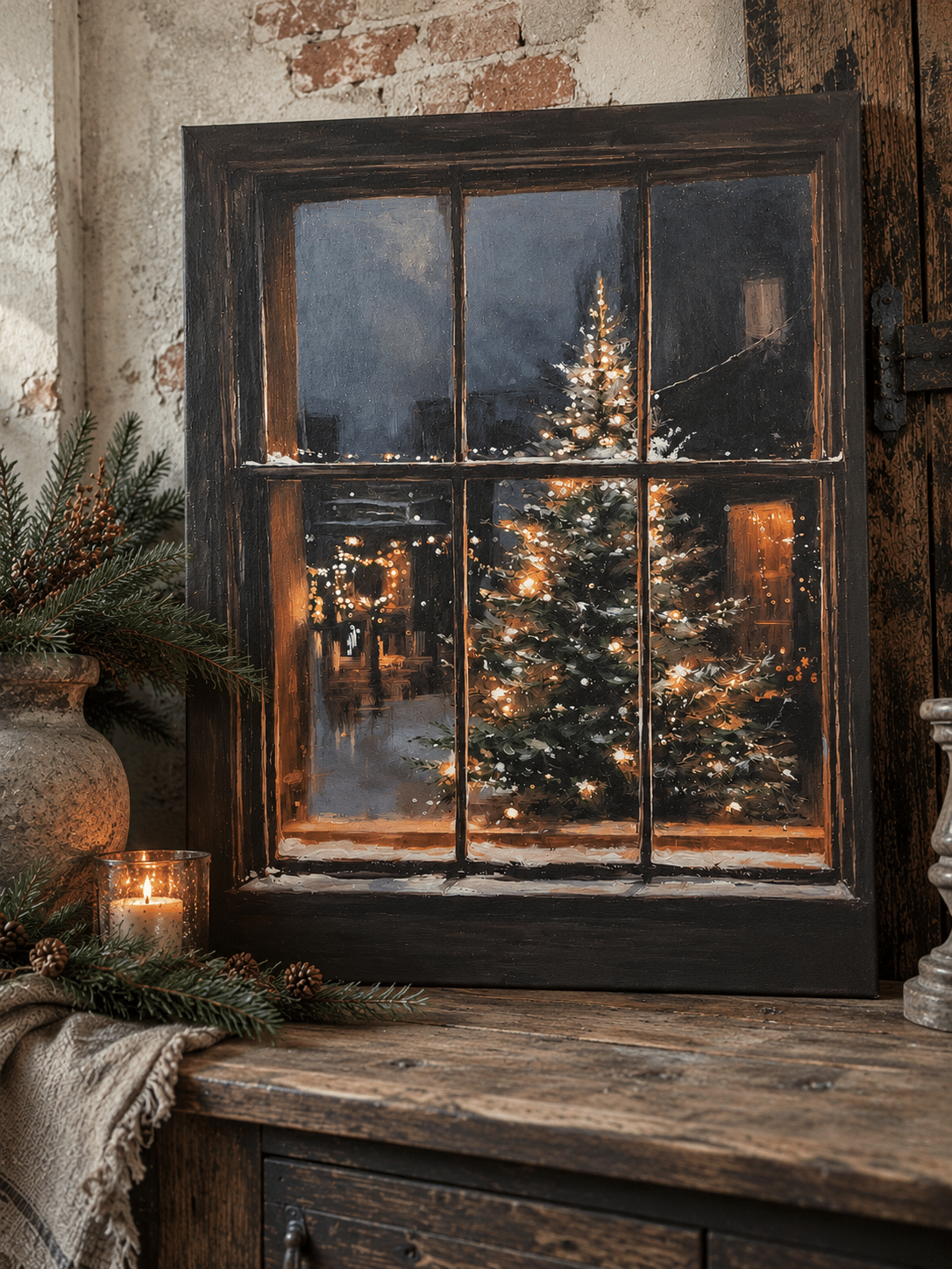 Landelijk Kerstcanvas – Model 4 -Verlichte Kerstboom met Winterse Skyline Landelijk Kerstcanvas – Model 4 -Verlichte Kerstboom met Winterse Skyline