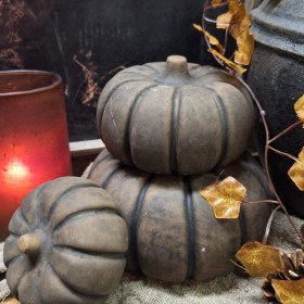 Set van bruine keramieken pompoenen in landelijke sfeer